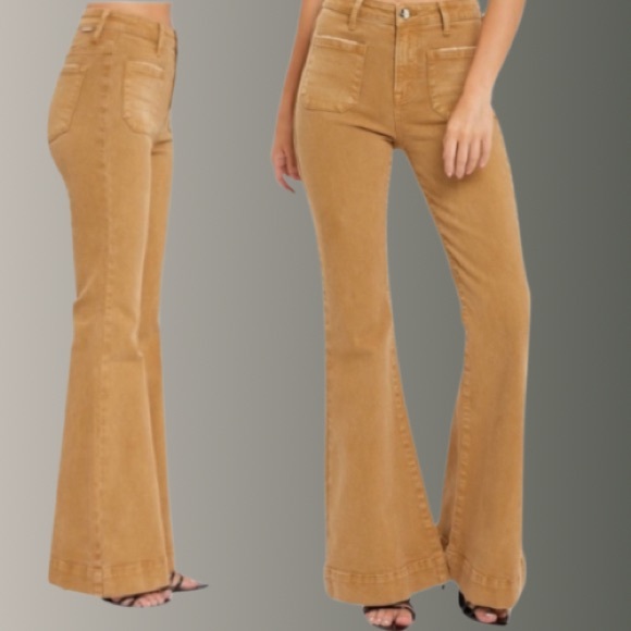 New Trending High Rise Patch Pocket Bell Bottom Flare
Jeans in Mocha - Picture 3 of 6